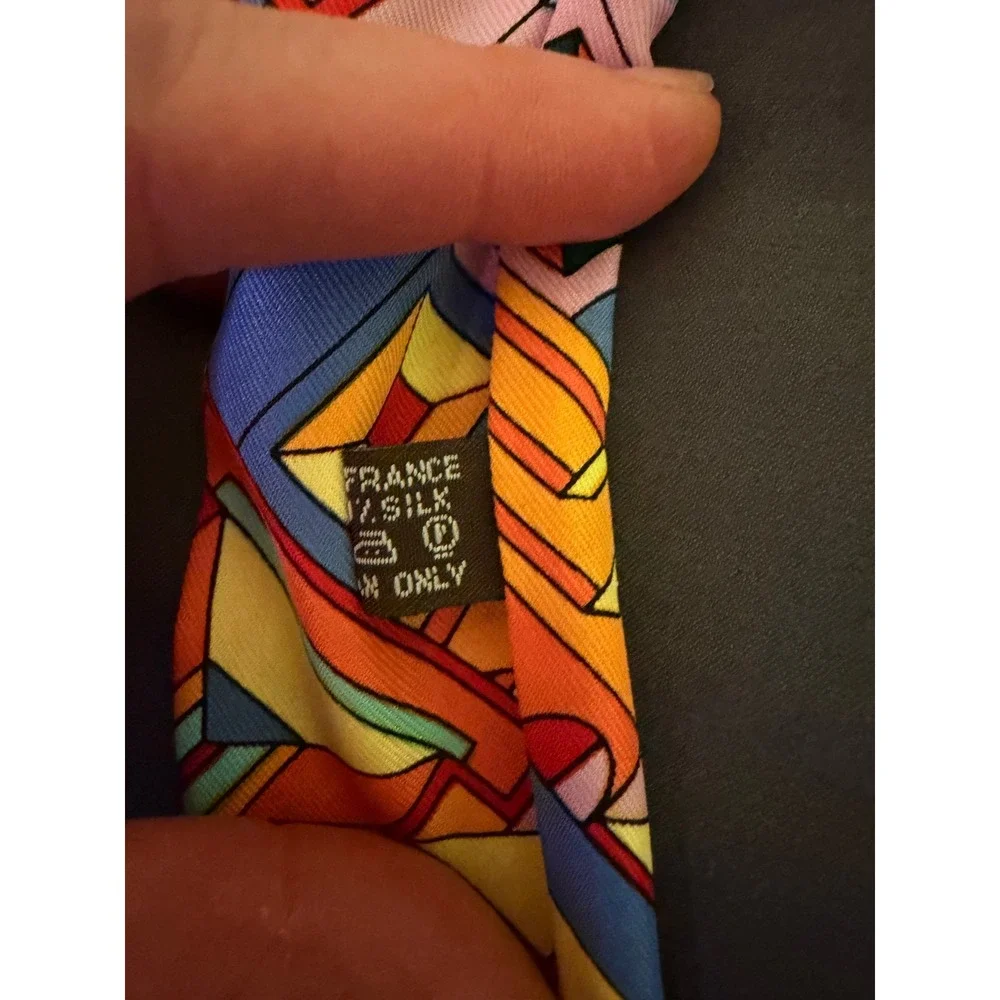 French Silk Skinny Scarf Geometric Print Twilly Multicolor Made in France
